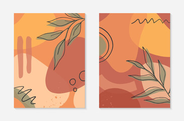Set of artistic modern vector illustrations with organic shapes,leaves,graphic elements.Terracotta art print.Trendy contemporary design perfect for  banners templates;social media,invitations;covers.