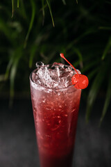 cherry Summer detox beverage concept. Citrus fruit drinks with ice alcohol. Healthy diet cocktail with making bar tools. Vitamin fortified water