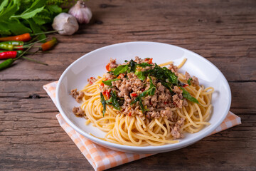 stir fried spicy spaghetti with minced pork and basil,Pad Kra Pao.