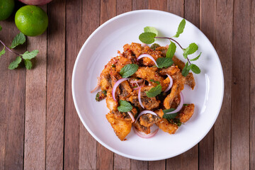 Deep Fried Sliced Fish Salad.Thai Style food.Top view