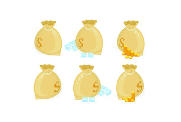 Isometric vector illustration. Bag sack for storing paper money and golden coins. Closed bag filled with money. 3d icon for web design infographics, sites and games.