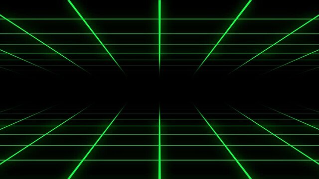 Slowly Moving Into Endless Room Visualized By A Grid With Neon Green Glowing Lines. Futuristic Looped Background.