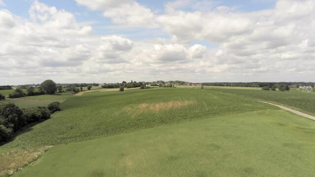 A sun baked field of stunted crops caused by record high heat, global warming, Aerial panorama
