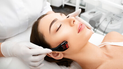 Beautician doing skin treatment using a microneedle derma roller. Woman getting procedure skincare, with mezzo skin roller - obrazy, fototapety, plakaty
