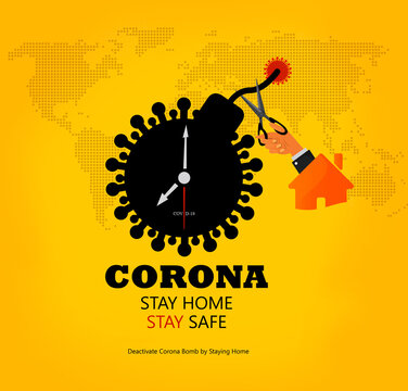 Creative Illustration Of Stay Home Concept. Deactivate Corona Bomb. End The Pandemic