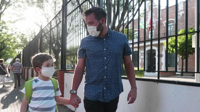 Child And Parent Going To School Wearing Masks