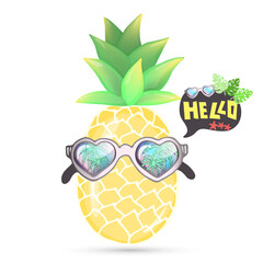 Hand drawn doodle sketch of pineapple in sunglasses. Speech bubble with palm leaves, sunglasses with reflection tropical palm tree, starfish. Lettering Hello. Vacation colorful vector illustration