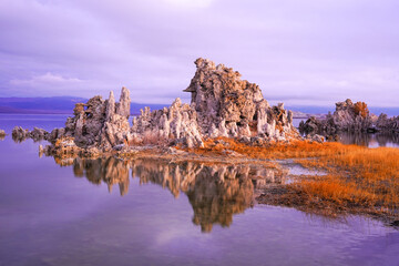 Early morning reflection of salt tufas in Mono Lake
