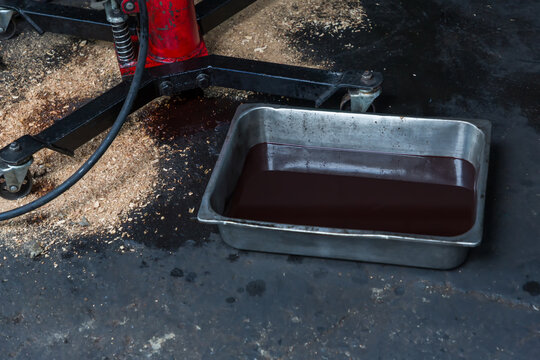 Old Oil Tray That Was Removed From The Automobile. Old Black Oil Lubrication Engine Vehicle Motor Car Used Leak Or Drip Spill From Car