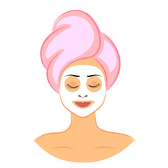 Cartoon character girl with a white cosmetic mask on her face isolated on a white background vector illustration.