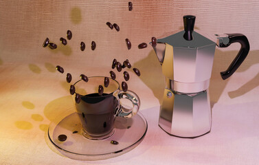 3d rendering vertical view of glass cup of italian coffee and italian moka with flying cofee beans on textured background
