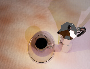 3d rendering vertical view of glass cup of italian coffee and italian moka on textured background