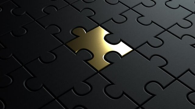 3d background animation of puzzle black pieces background texture with a golden metallic one coming in place in the center. concept for leadership
