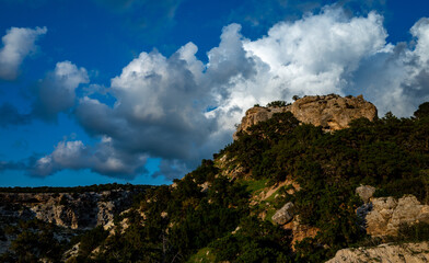Cedar-covered hills on the Mediterranean coast on the island of Cyprus.