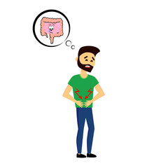 Cartoon man character suffers painful injury and holds painful area with hands.  Small and large intestines pain. Vector illustration.