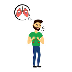 Cartoon man character suffers painful injury and holds painful area with hands. Lugs pain. Vector illustration.