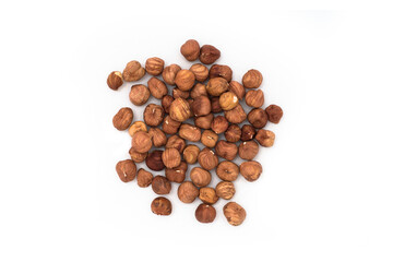 Hazelnuts isolated, scattering of nuts on white background