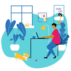 Home Office. Modern flat vector concept digital illustration home office, a freelancer guy working at home