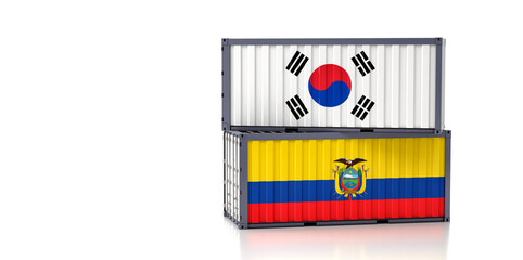 Two freight container with South Korea and Ecuador national flag. 3d rendering 