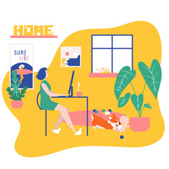 Freelancer girl room interior, modern home office design. Female freelance worker doing online job 