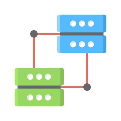 Data transfer between connected computer servers. Database connectivity sign. Flat icon illustration.
