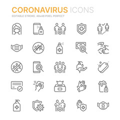 Collection of coronavirus protection related line icons. 48x48 Pixel Perfect. Editable stroke