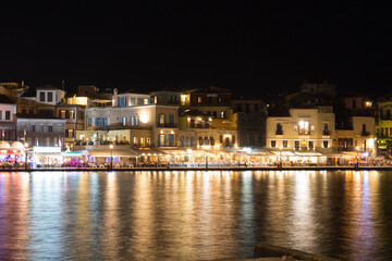 night view of the Chania city in Crete island, Greece.