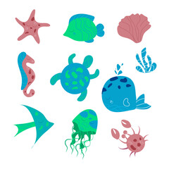 Set with hand drawn sea life elements. Vector doodle cartoon set of marine life objects.