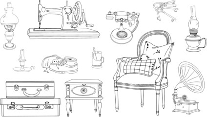 vector set of  vintage furniture and accessories