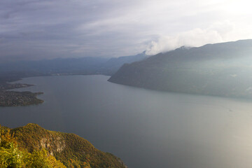 panoramic view of lake Bourget in the alps mountains in autumn season 