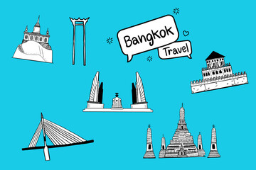 Hand drawn doodle. Thailand with attractions, landmarks. Bright color background