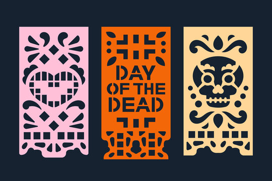 Dia De Los Muertos Mean Day Of The Dead Celebration. Traditional Mexican Paper Cutting Flags