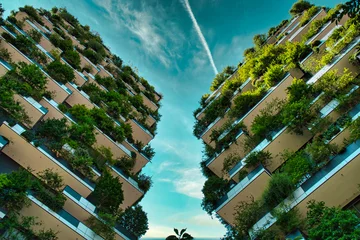 Gardinen Vertical Forest (Bosco Verticale) Innovativer Gewächshaus-Wolkenkratzer, der das Engagement für eine nachhaltige Wirtschaft darstellt, entworfen von Boeri Studio © Balazs