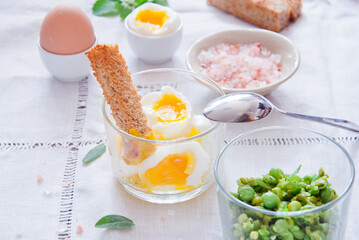 Soft Boiled Eggs with Toast and peas