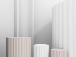 Exhibition stand, podium in the form of classic Greek pillars. 3D render illustration for advertising goods, products, museum expansions. Simple light background with classic cornice on the wall.