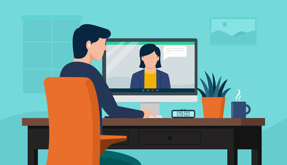Back view of male employe interview  talk on video call, vector illustration