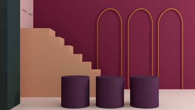 Staircase with steps -podium,stand for shoes on background of vintage bright room - 3D,render.Interior studio with geometric objects.  Architectural background for advertising products, presentations.