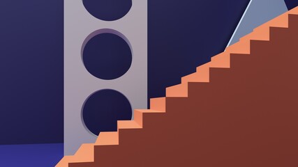 Staircase with steps -podium,stand for shoes on background of phantom blue room - 3D,render. Studio  with geometric objects. Architectural background for advertising products, presentations.