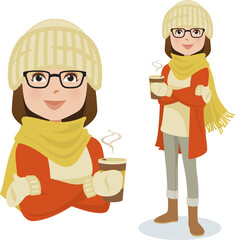 Young warmly dressed woman enjoyed a hot drink