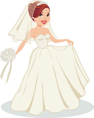 Beautiful, happy bride in a white wedding gown with veil and bouquet.