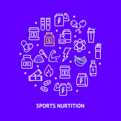 Fototapeta na wymiar Sport Nutrition Round Design Template Contour Lines Icon Concept. Vector