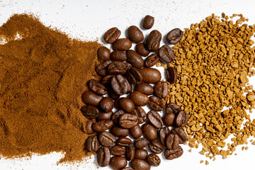 coffee beans, ground and instant coffee on a white background. concept of different tastes and choices. morning caffeine concept. coffee shop or store concept. flat lay, top view, texture.