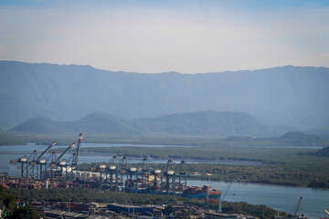 Aerial view of "Serra do Mar" and the port of Santos, the 5th biggest in the world