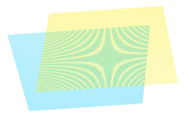 Moire pattern by two overlapping yellow and blue lined planes. Moir&eacute; or interference patterns on black background. Vector illustration.

