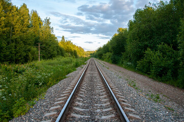 Fototapeta na wymiar Railroad Background in the summer forest. New road. Industrial background