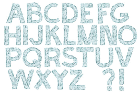 Drawn ice cubes latin alphabet. Cartoon ABC set on white background. Part