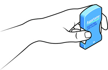 Hand holding a sweetener tablet dispenser of aspartame.