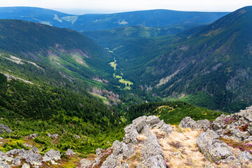 View of hiking trails and Karkonosze (Krkonose) mountains national park at the Poland and Czech...