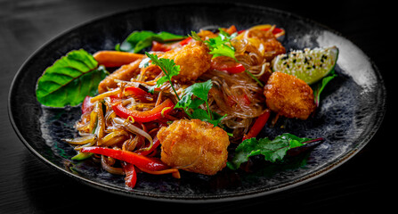 Tasty asian noodles with fried cheese tofu and vegetables in plate on black wooden table background
