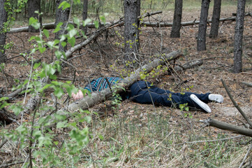 A body in the woods. A dead man in a blue t-shirt and trousers is pinned down by a fallen tree. Concept of accidents in the forest.